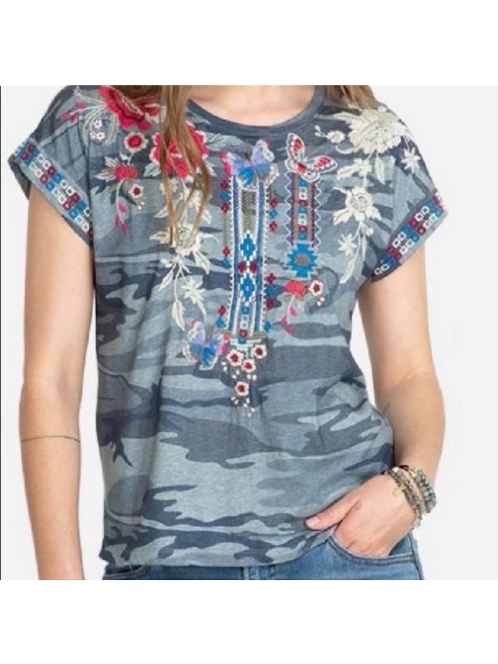 Johnny Was Floral Embroidered Camo Top Tee, Small
